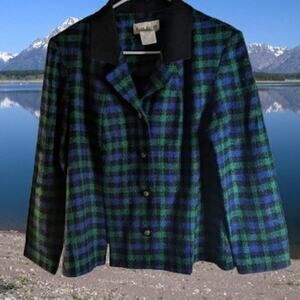 Miss Dorby 12 vintage blue and plaid button down long sleeve blazer. Fall/winter